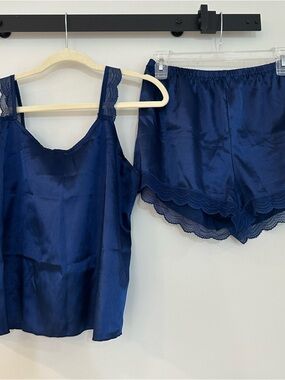 Women's Navy Satin Lace-Trim Cami & Shorts Sleep Set